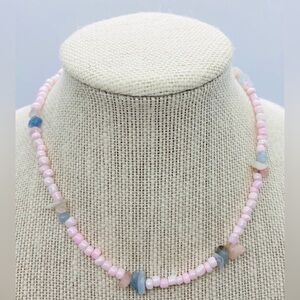 Pink Lt Blue Beaded Choker Necklace Boho Classic Coastal  Cowgirl Beach Surfer